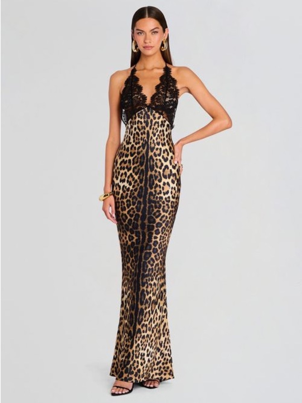 Retrofête Rainey Leopard Print Black Lace Halter Maxi Dress REVOLVE